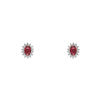 Red Stone Oval-Cut Halo Stud Earrings (Silver) front - Lucky Diamond - New York