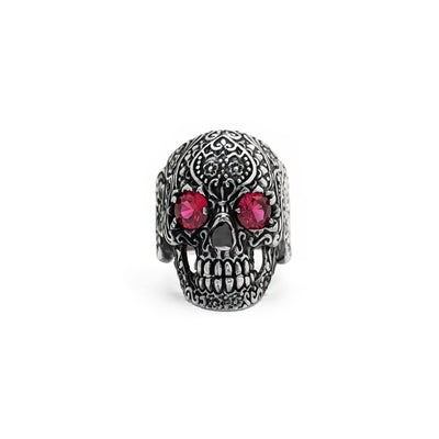 Antique Finish Floral Crimson Eye Skull Ring (Silver) front - Lucky Diamond - New York