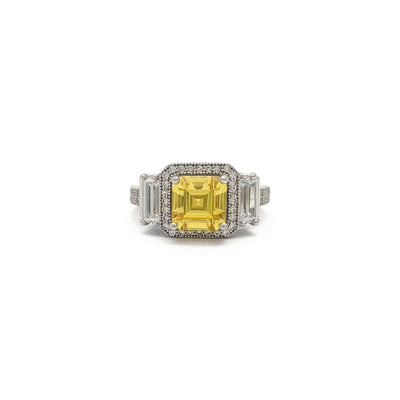 Yellow Asscher Cut Three Stone Ring (Silver) front - Lucky Diamond - New York