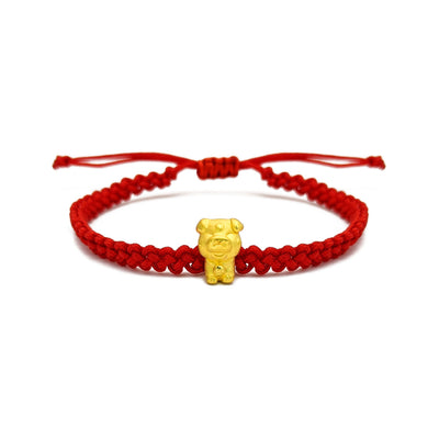 Joyful Little Pig Chinese Zodiac Red String Bracelet (24K) front - Lucky Diamond - New York