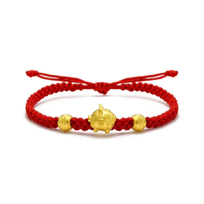 Lucky Pig Chinese Zodiac Red String Bracelet (24K) front - Lucky Diamond - New York