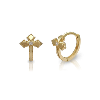 Beaded Cross Pointed Huggie Earrings (14K) Lucky Diamond New York