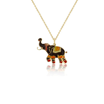 Black & Red Enamel Ornament Elephant Fancy Necklace (14K) Lucky Diamond New York