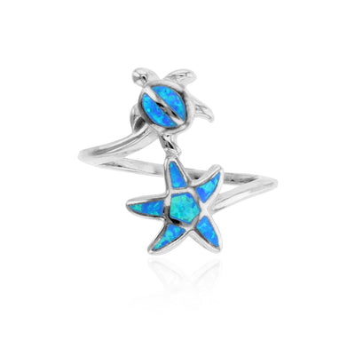Blue Opal Turtle & Starfish Ring (Silver) Lucky Diamond New York