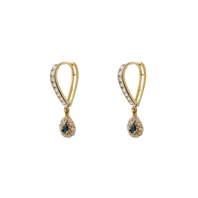 Blue Stone Pave Teardrop V-Shape Hanging Huggie Earrings (14K) Lucky Diamond New York