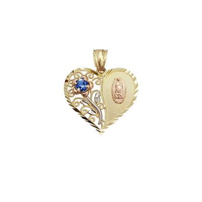 Zirconia Birthstone Rose Long Stem & Virgin Heart Pendant (14K) Lucky Diamond New York