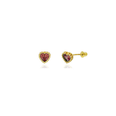Beaded Heart Stud Red CZ Earrings (14K) 14 Karat Yellow Gold, Lucky Diamond New York