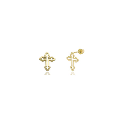 Budded Outline Cross Stud Earrings (14K) 14 Karat Yellow Gold, Lucky Diamond New York