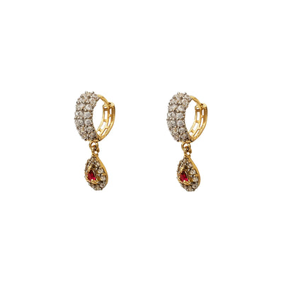 Cluster Pave Red Stone Teardrop Hanging Huggie Earrings (14K) Lucky Diamond New York
