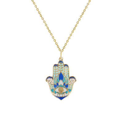Colorful-Enameled Evil-Eye Hamsa Hand Fancy Necklace (14K) Lucky Diamond New York