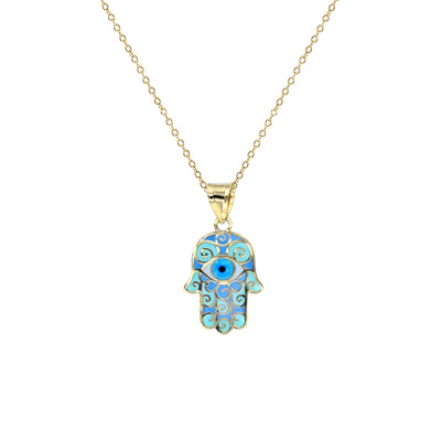 Colorful-Enameled Light Blue Evil Eye Hamsa Hand Necklace (14K) Lucky Diamond New York