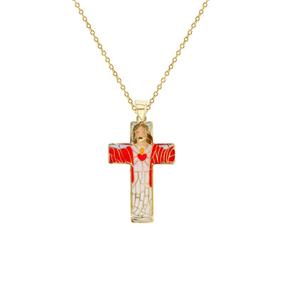 Colorful-Enameled Mosaic Jesus Cross Fancy Necklace (14K) Lucky Diamond New York