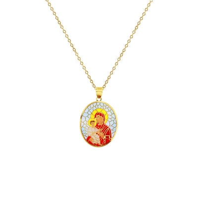 Colorful-Enameled Mosaic Virgin Mary & Baby Jesus Fancy Necklace (14K) Lucky Diamond New York