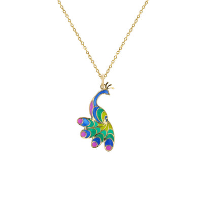 Colorful-Enameled Peacock Fancy Necklace (14K) Lucky Diamond New York