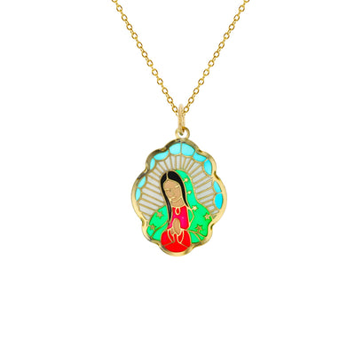 Colorful-Enameled Praying Virgin Mary Fancy Necklace (14K) Lucky Diamond New York