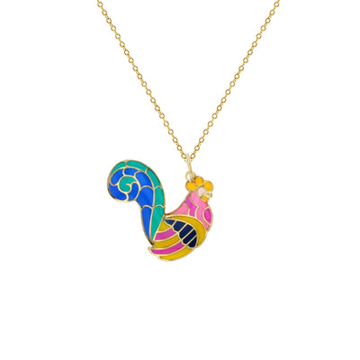 Colorful-Enameled Rooster Fancy Necklace (14K) Lucky Diamond New York