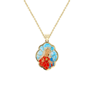 Colorful-Enameled Virgin Mary Fancy Necklace (14K) Lucky Diamond New York