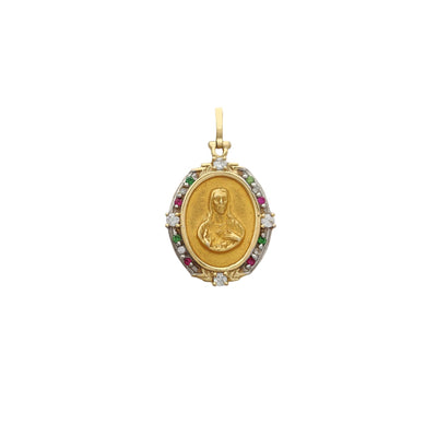 Colorful Sacred Heart Of Jesus Oval Medallion Pendant (14K) Lucky Diamond New York