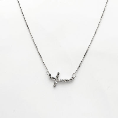 Diamond Sideways Curved Cross Necklace (14K) Lucky Diamond New York