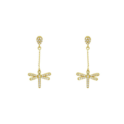Zirconia Dragonfly Stud Dangling Earrings (14K) Lucky Diamond New York