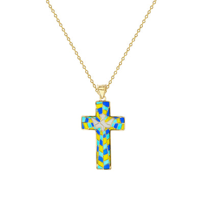 Enameled-Mosaic Dove Cross Fancy Necklace (14K) Lucky Diamond New York