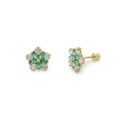 Green Star Flower Stud CZ Earrings (14K) Lucky Diamond New York
