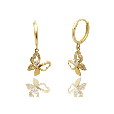 Hanging Butterfly CZ Huggie Earrings (14K). Yellow Gold