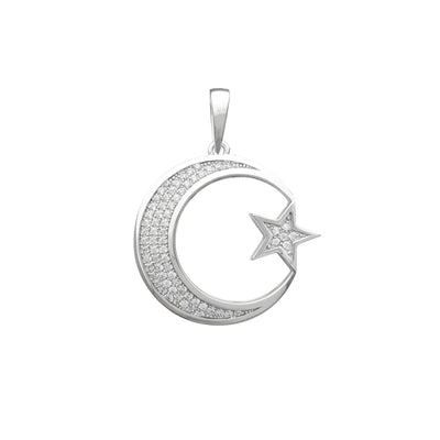 Iced-Out Crescent Moon & Star Pendant (Silver) Lucky Diamond New York