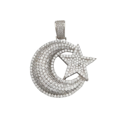 Iced-Out Crescent Moon & Star Pendant (Silver) Lucky Diamond New York