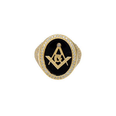 Iced-Out Masonic Oval Black Onyx Men's Ring (14K) Lucky Diamond New York