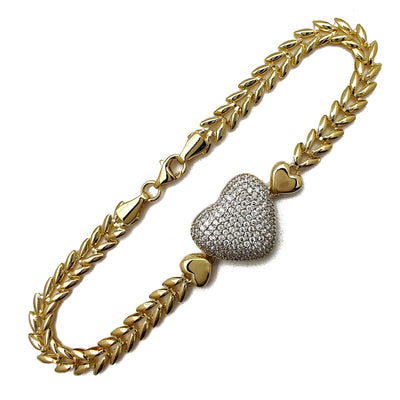 Pave Puffy Heart Leaf Bracelet (14K) Lucky Diamond New York