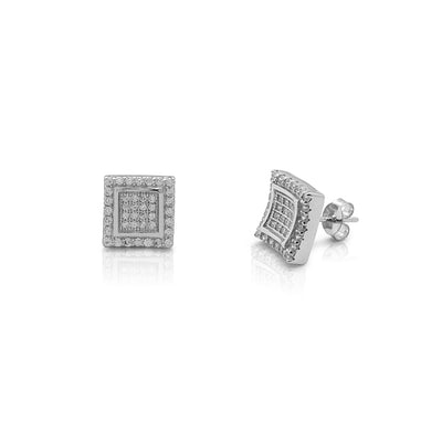 Iced-Out Curved Square Stud Earrings (Silver) Lucky Diamond New York