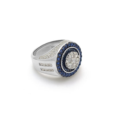 Iced-Out Round Dark Blue Empire Ring (Silver) Lucky Diamond New York