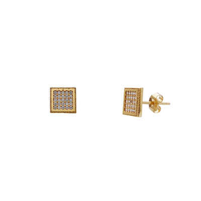 Milgrain Border Pave Square Stud Earrings (14K) Lucky Diamond New York