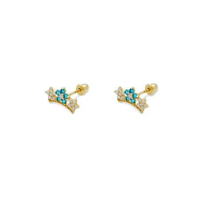 Milgrain Flowers Blue Cyan CZ Stud Earrings (14K) Lucky Diamond New York