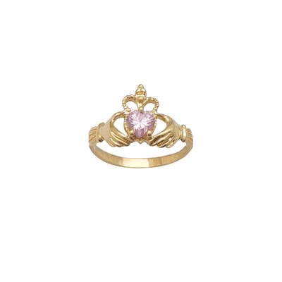 Milgrained Crown Pink Stone Set Claddagh Ring (14K) Lucky Diamond New York