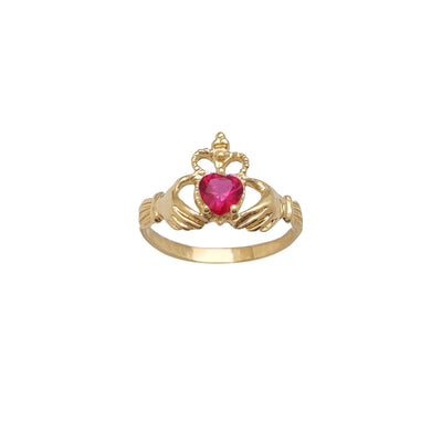 Milgrained Crown Red Stone Set Claddagh Ring (14K) Lucky Diamond New York