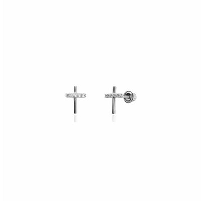 Mini Cross CZ Stud Earrings (14K) 14 Karat White Gold, Lucky Diamond New York