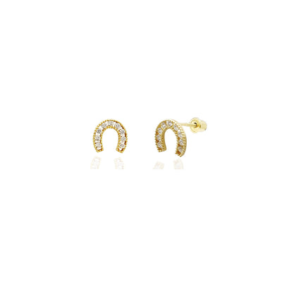 Mini Horseshoe Stud CZ Earrings (14K) 14 Karat Yellow Gold, Lucky Diamond New York