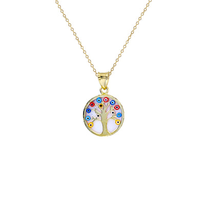 Mother of Pearl Evil Eyes Tree of Life Fancy Necklace (14K) Lucky Diamond New York