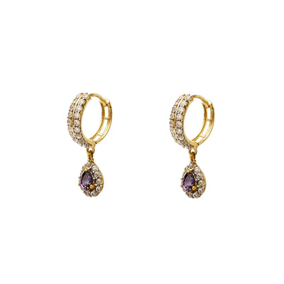 Pave Two-Row Purple Teardrop Hanging Huggie Earrings (14K) Lucky Diamond New York
