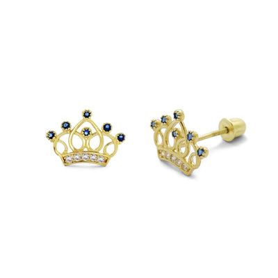 Pave Outline Queen Crown Blue Stud Earrings (14K) Lucky Diamond New York