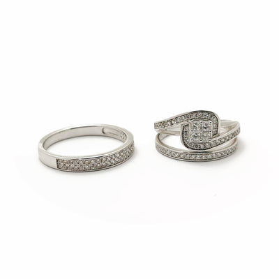 Pave Square Prong Three Piece Set Engagement Rings (Silver) Lucky Diamond New York