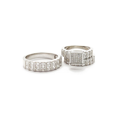 Pave Square Three Piece Set Engagement Rings (Silver) Lucky Diamond New York