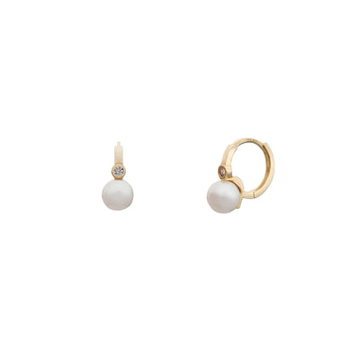Yellow Gold Pearl Stone-Set Huggie Earrings (14K) Lucky Diamond New York