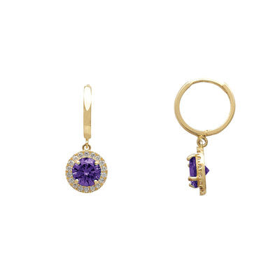 Purple Halo Pave Round Huggie Dangling Earrings (14K) Lucky Diamond New York