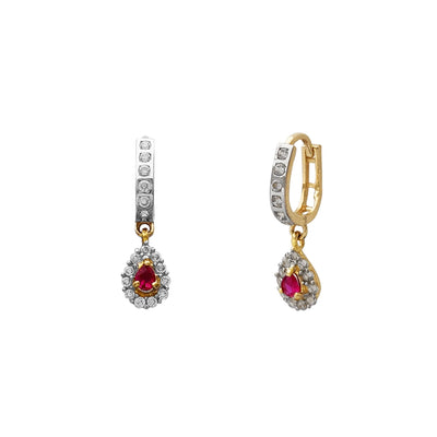 Red Stone Halo Teardrop Hanging Huggie Earrings (14K) Lucky Diamond New York