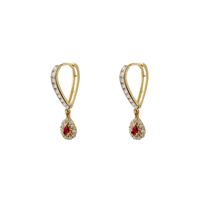 Red Stone Pave Teardrop V-Shape Hanging Huggie Earrings (14K) Lucky Diamond New York
