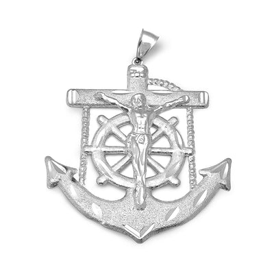 Sand-Blasted Anchor Jesus Crucifix Pendant (Silver) Lucky Diamond New York