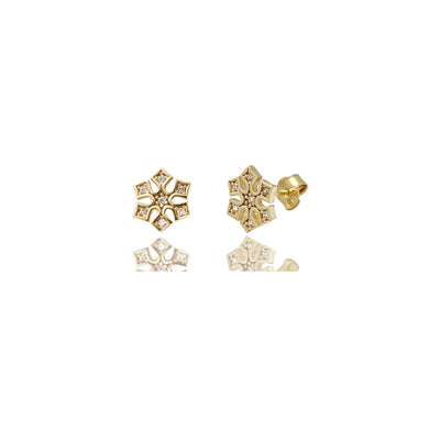 Snowflake Stud Round Prong CZ Yellow Gold Earrings (14K).